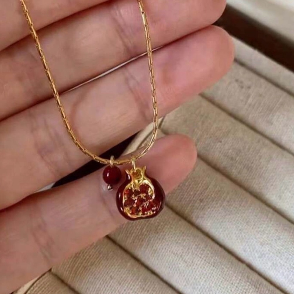 Gold Hoop Earrings with Deep Red Pomegranate Charms - Picture 2 of 3